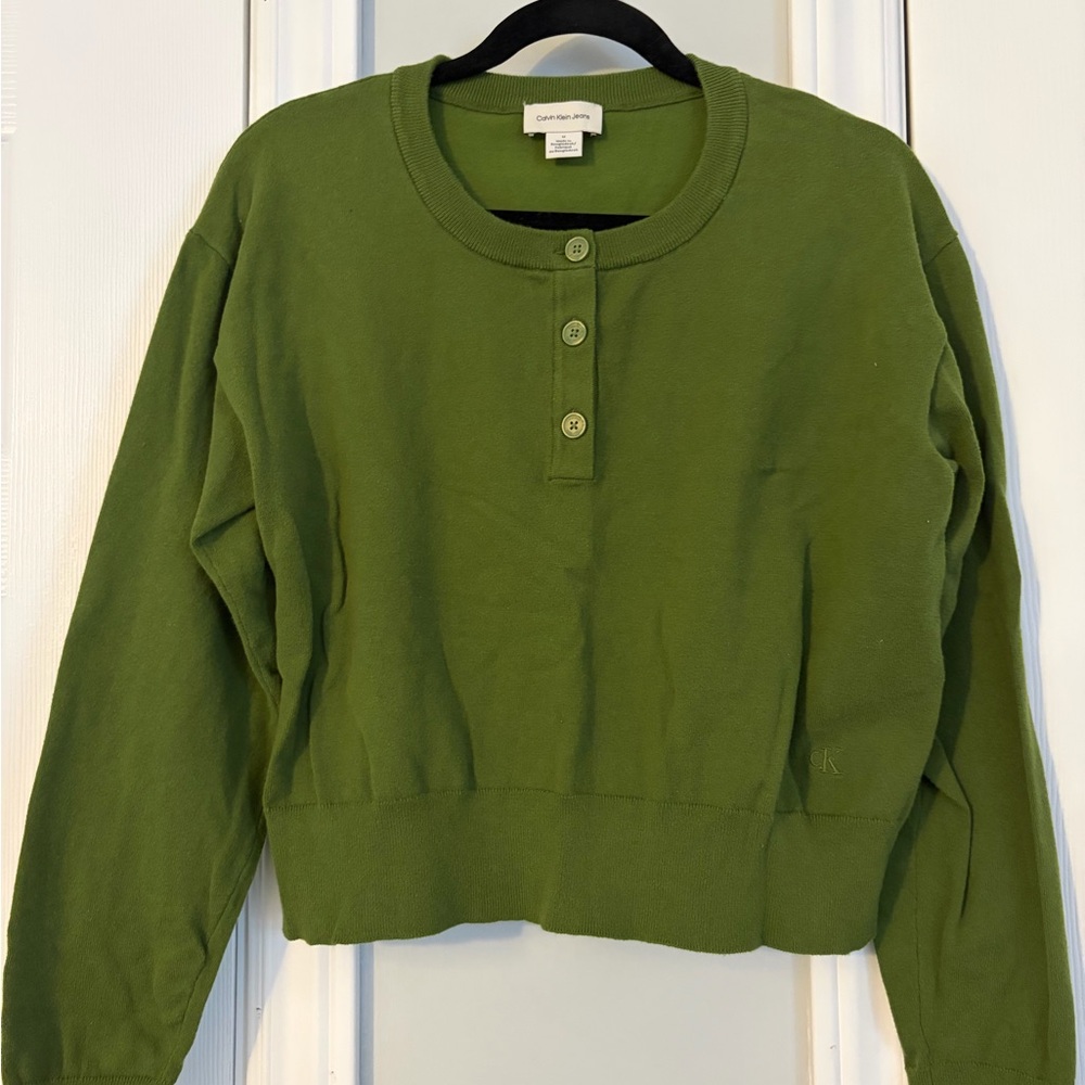 Calvin Klein Olive Green Button-Front Women's Long Sleeve Shirt Size Medium